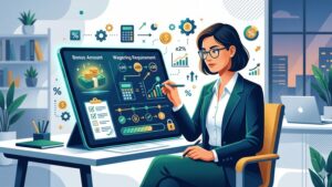 Иллюстрация с анализом условий отыгрыша бонусов для проверки репутации онлайн-букмекеров в современном стиле